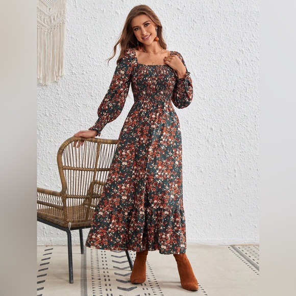 Boho fall floral maxi dress long sleeve dark green orange square neck - Picture 1 of 2